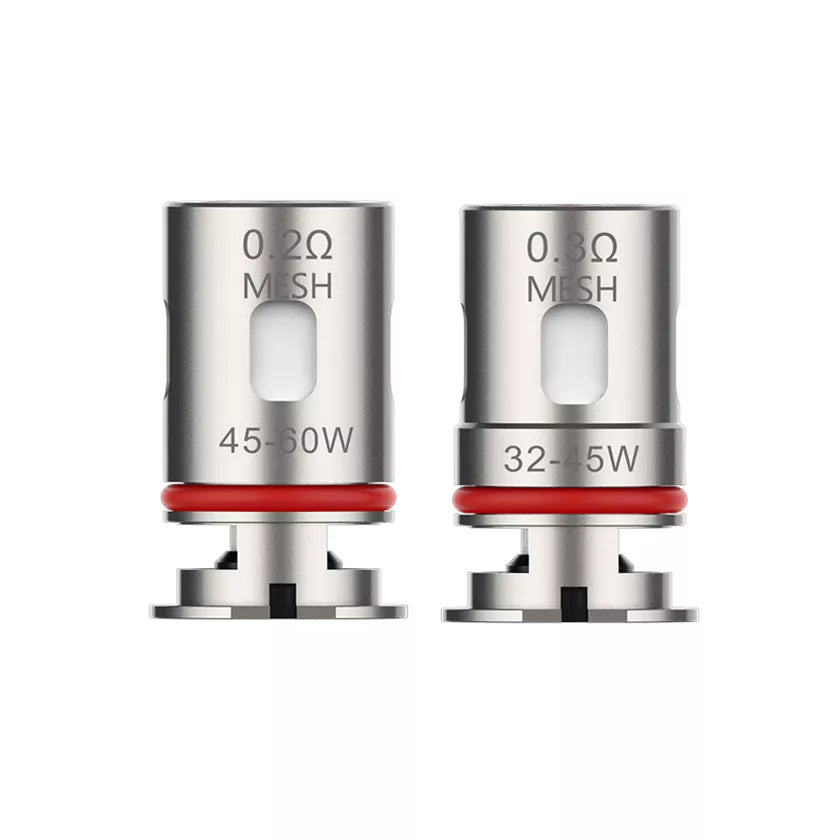 Two metallic GTX vape coils for Vaporesso Luxe X, XR & XR Max with resistance and power rating labels on a white background